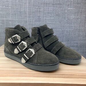 NWOT MJUS Dark Grey Green Suede Buckle High Top Sneakers Size 36/6